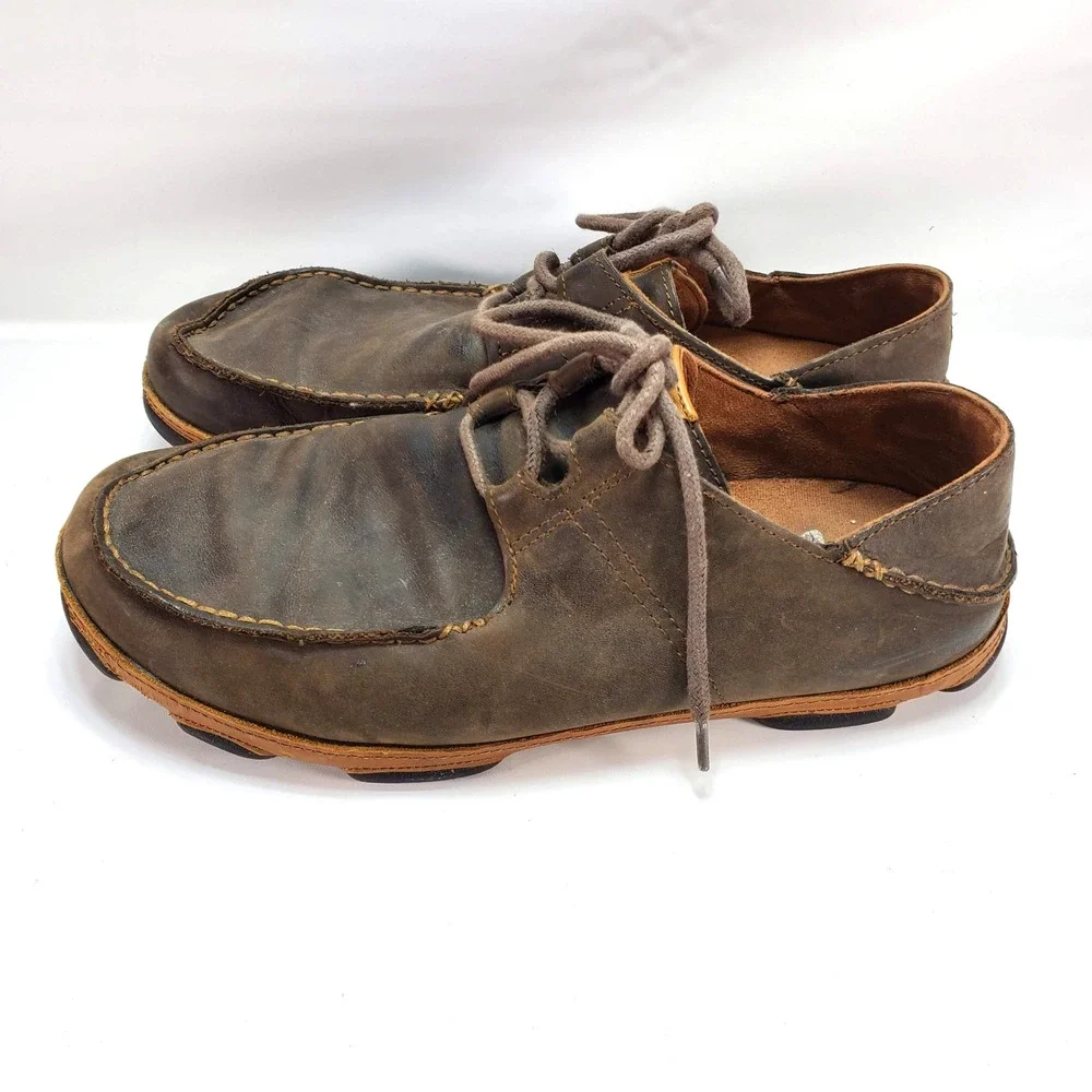 Olukai Ohana Lace Up Nubuck Mens 11 Brown Leather Casual Shoes Loafers Heel Drop